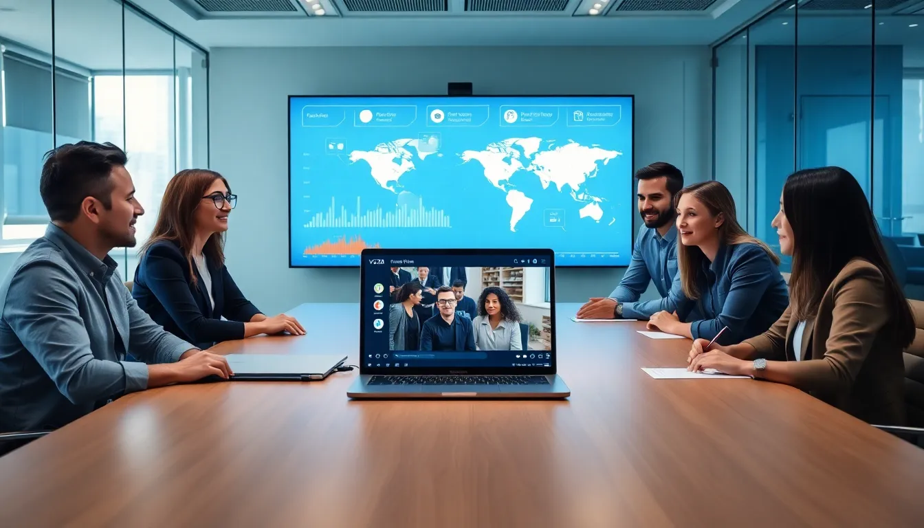 professionals collaborating around a conference table using video translation software