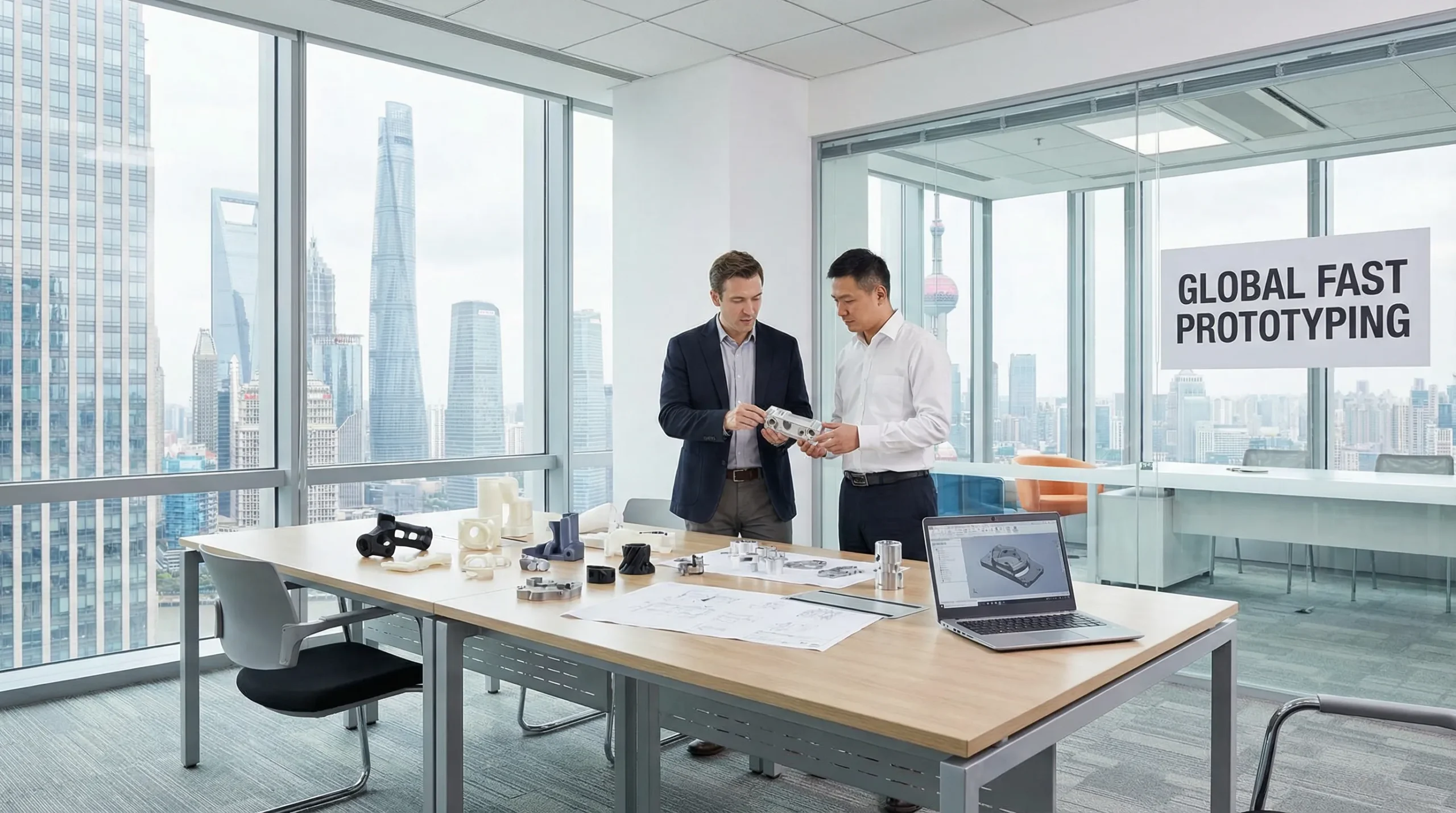 american and chinese engineers reviewing prototype parts in a modern office
