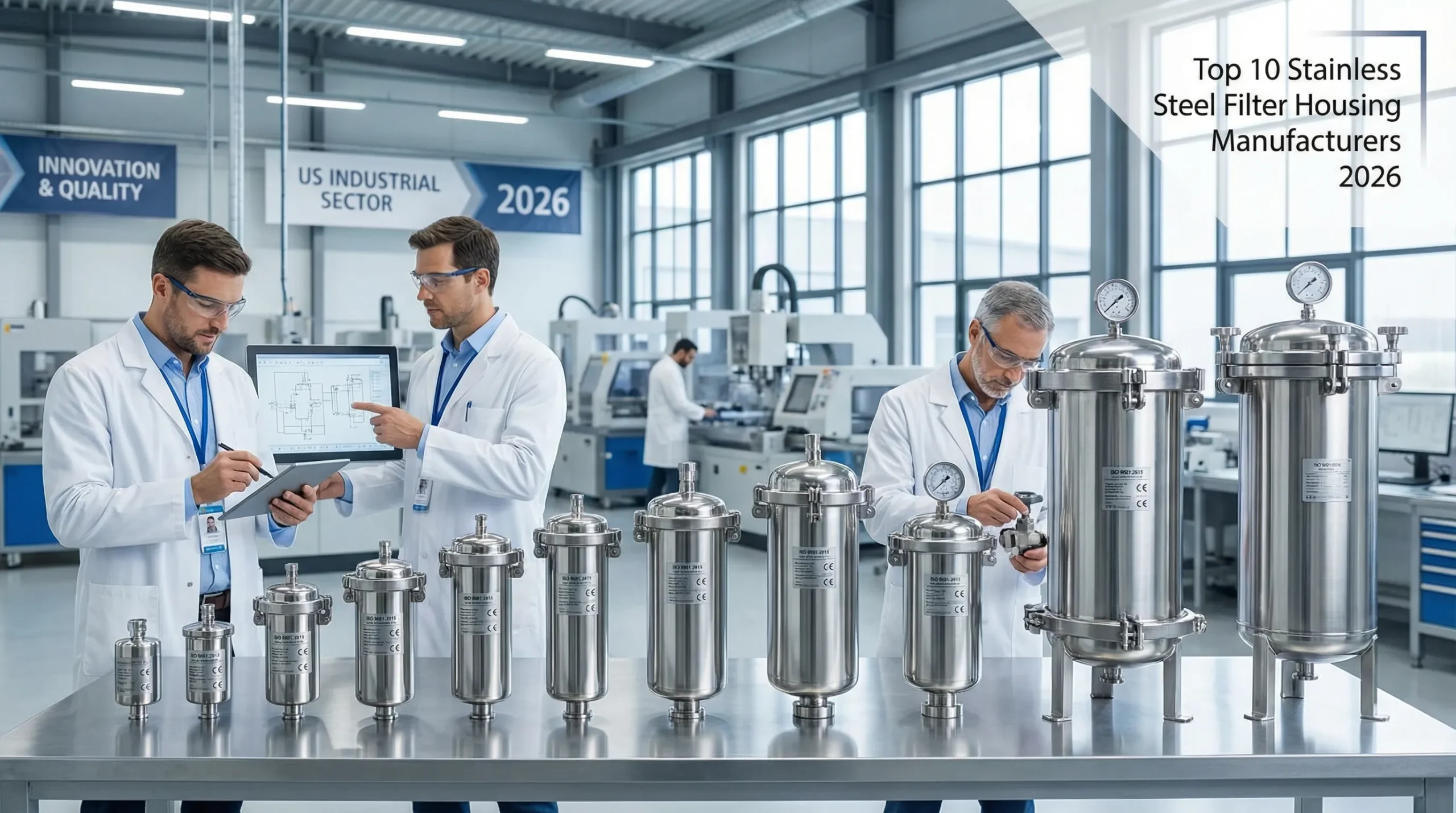 technicians inspecting stainless steel filter housings in a modern manufacturing facility